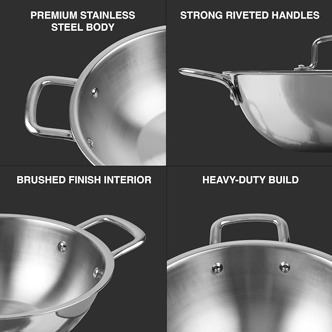 KSJONE 1-Quart Tri-Ply Stainless Steel Kadai with Lid, Less Oil Use, Healthy Cooking, Food Safe, Stay Cool Handles, Compatible with All Modern Cooktops, Oven-Safe, Dishwasher-Friendly