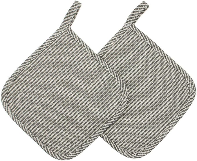 Cotton Oven Mitts and Pot Holders Set, Grey Stripes, Set of 3 | Quilted Oven Mitts Heat Resistant, Pot Holders and Oven Mitts For Kitchen