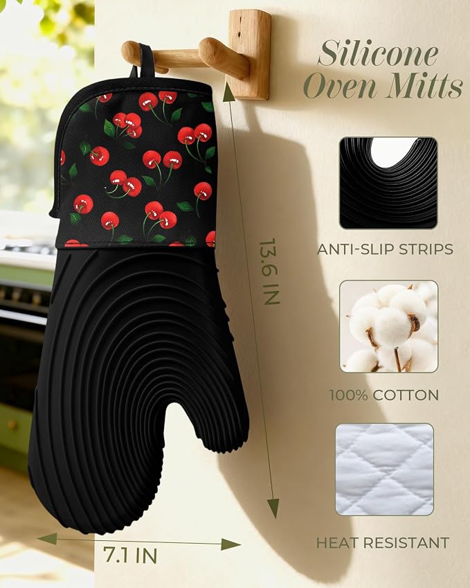 Slohif Long Silicone Oven Mitts Heat Resistant for Women - 2 Pcs Y2K Cherry 100% Cotton Oven Gloves, Non-Slip and Waterproof Silicone Oven Mitts with Hanger for Baking and Cooking