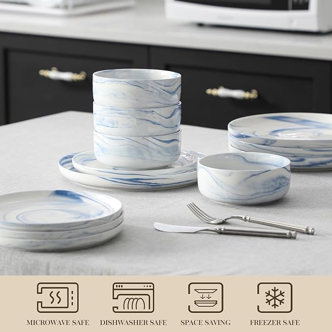 MALACASA 12 Pcs Porcelain Plates and Bowls Sets,Dinnerware Set for 4,Blue | Modern Ceramic Dishware Set,Kitchen Dining Ware,Microwave and Dishwasher Safe,Unique Marble Blue Design,Series LUNA