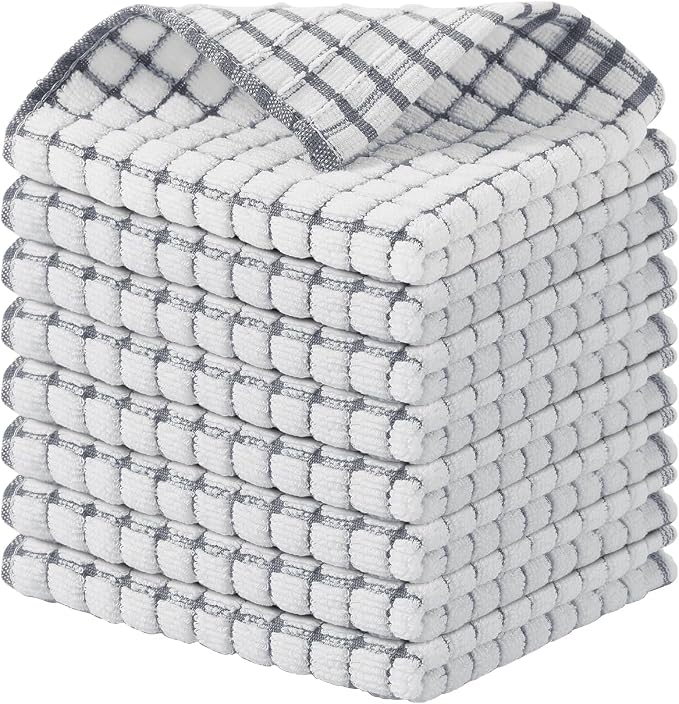 Kitinjoy Cotton 8 Pack Terry Kitchen Dish Cloths, Grey | 12 x 12 Inches Super Soft and Absorbent Dish Rags, Quick Drying Dish towels for Washing Dishes