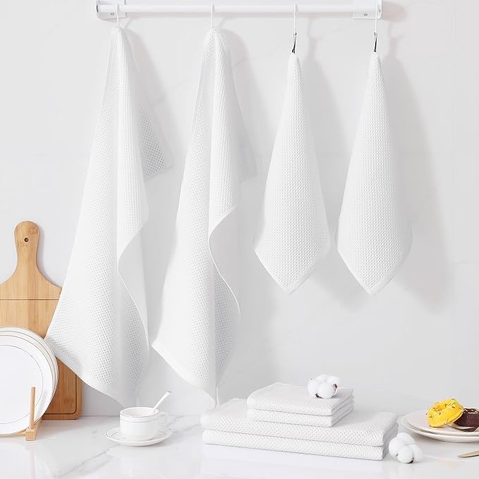 Homaxy 10 Pack 100% Cotton Kitchen Towels and Dishcloths Set, White | 12 x 12 Inches and 13 x 28 Inches Kitchen Towels Set, Ultra Soft Absorbent Dish Cloths for Washing Dishes