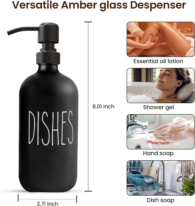 Black Glass Soap Dispenser, Matte Black Pump, 16 oz | Black Glass, Matte Black Stainless Steel Pump, Bathroom and Kitchen Sink use, 6 Waterproof Labels (Pack of 2)