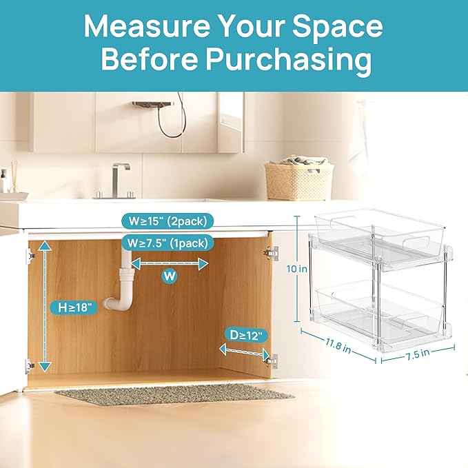 Vtopmart 2 Pack Pull Out Bathroom Under Sink Organizer (S-Standard) | Slide-out drawers, Multi-purpose storage, Clear visibility, Easy Set-up