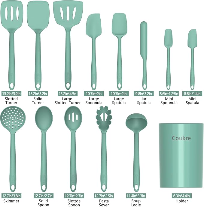 Coukre Silicone Kitchen Cooking Utensils Set, Heat Resistant, 14-Piece | Dishwasher-Safe, Food-Grade Silicone, BPA-Free, Spatulas, Spoons & Turner, Safe for Nonstick Cookware, PureAquaGreen