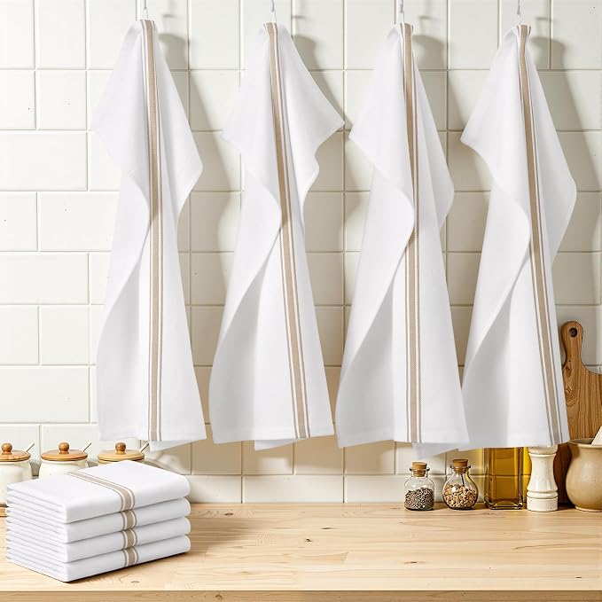 Homaxy 100% Ring Spun Cotton Kitchen Towels 8 Pack, Khaki Stripe | 15 x 25 Inch, Highly Absorbent Dish Towels for Kitchen Drying, Reusable Cleaning Cloths, Soft Tea Towels with Hanging Loop