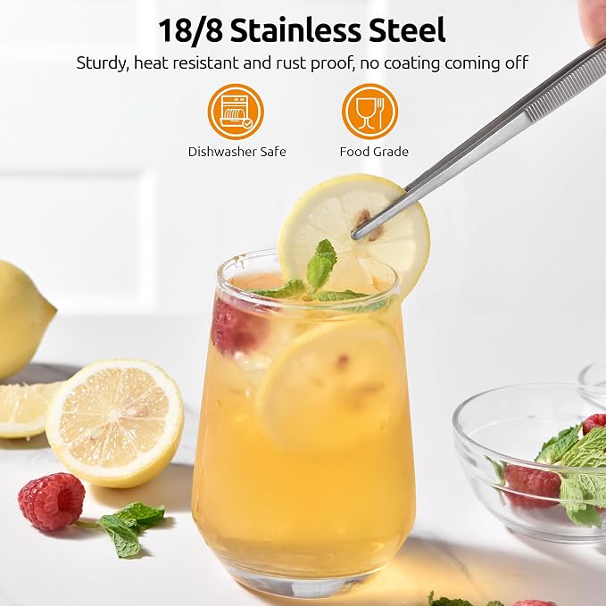 U-Taste Kitchen Cooking Tweezers, 18/8 Stainless Steel Tongs Set of 2, 8in | Food-Grade Metal Food Tongs Set, Seamless-Welding, Long Professional Chef Tweezer for Plating Serving Grilling Frying Feeding