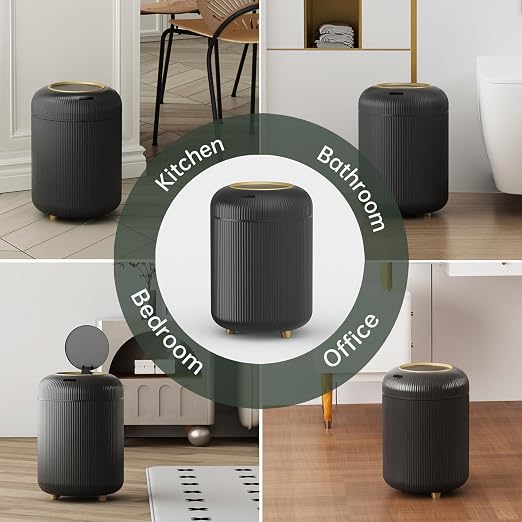URALFA Motion Sensor Bathroom Trah Can, Automatic Touchless Trash Can | 3 Gallon Bathroom Garbage Can with Lid, Smart Trash Bin for Bedroom, Office, Restroom, Removable Legs, Black and Gold