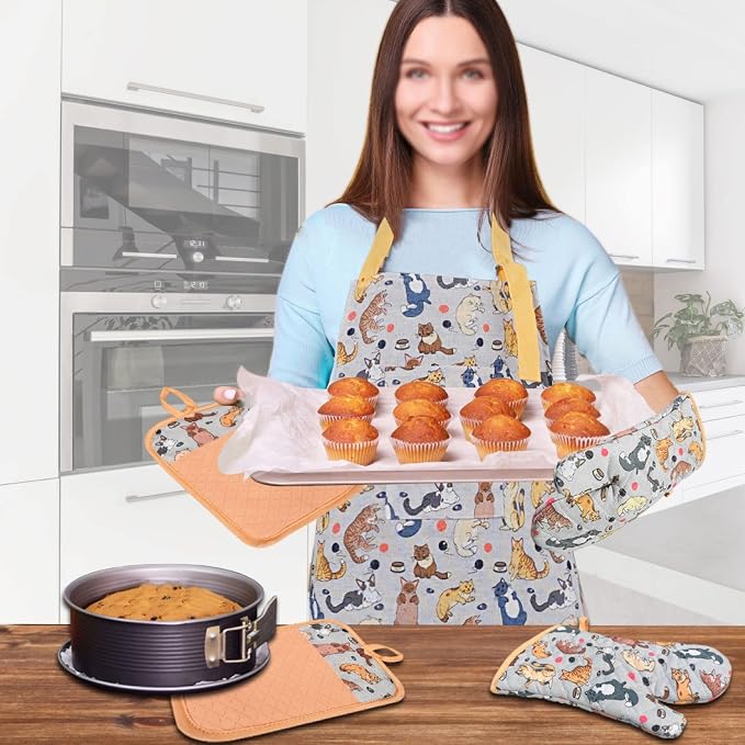 Alselo Oven Mitts and Pot Holders with Chef Apron,Kitchen Set of 5 | Heat Resistant Kitchen Gloves and Silicone Non-Slip Potholders Adjustable Neck Buckle Chef Apron, Cotton Cat Design (Cat)