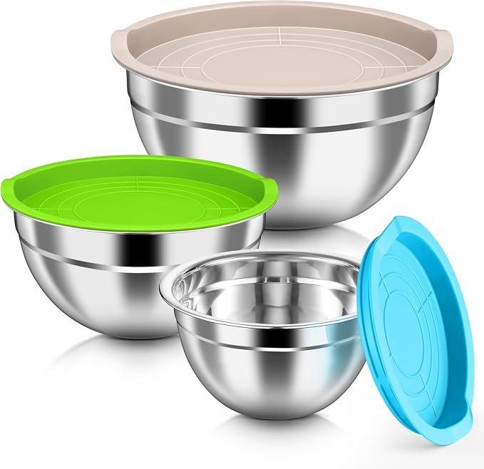 HaWare Mixing Bowls with Airtight Lids, 6-Piece Stainless Steel Salad Bowls | Strong Nesting Bowls for Cooking, Prepping, Baking, Serving & Food Storage, Stackable Design, Size 4.6, 3, 1.5QT, Colorful