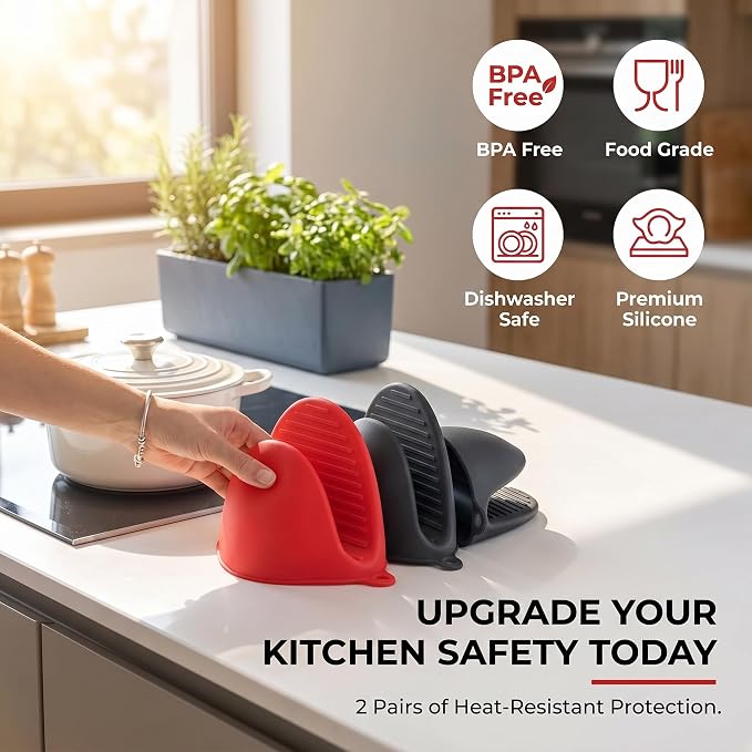 Silicone Cooking Pinch Grips Oven Mitts - Mini Finger Protector Pot Holder for Kitchen,Cooking,Baking,BBQ - Heat Resistant Gloves, 2 Pairs (Black and Red)