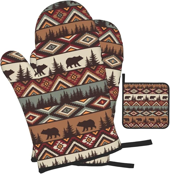 Vintage Rustic Oven Mitts and Pot Holders Sets Cabin Kitchen Decor | Set of 3 Heat Resistant Farmhouse Hot Pads Bear Mountain Oven Gloves for Kitchen Cooking BBQ Baking