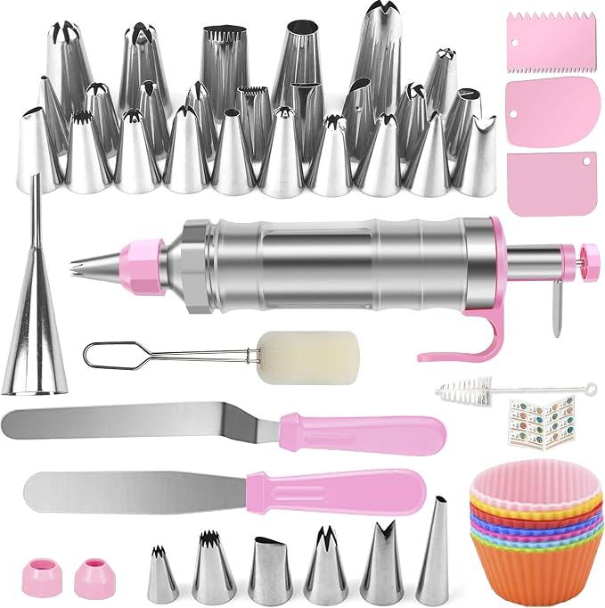 Dessert Decorating Syringe Set, Frosting Piping Kit, Pink | Icing Piping Kit, Stainless Steel, 30 Piping Icing Nozzles, Cupcake Decorating Kit
