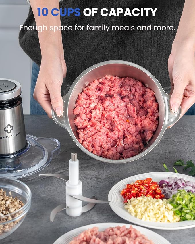 LINKChef Food Processor, 10 Cup Electric Food Chopper, 600W Meat Grinder with Stainless Steel Blades, 2.3L Large Capacity Kitchen Processor for Meat, Vegetables, Onion, Garlic & Meal Prep