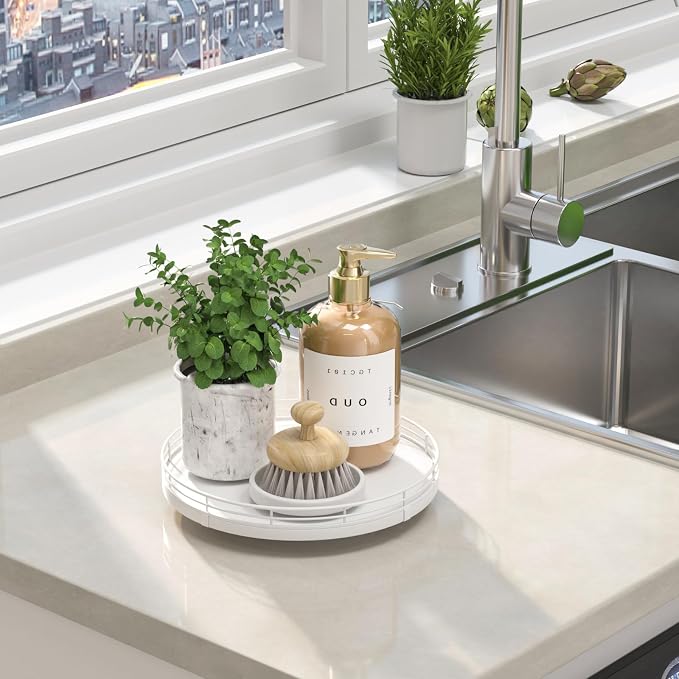 Oroyutor 9-Inch Oak Lazy Susan Vanity Tray, White Finish | Rotating oak tray organizes spices, toiletries and decor on kitchen counters, bathroom vanities, dining and coffee tables.
