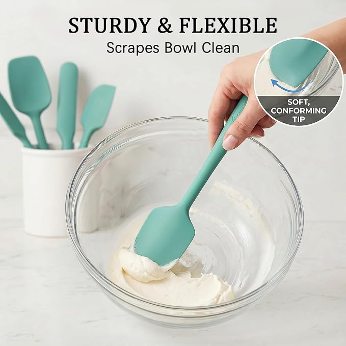 Coukre Silicone Spatula Set of 7, BPA Free Food Grade Silicone Cooking Utensils, Heat Resistant Kitchen Tools for Nonstick Cookware, Dishwasher Safe Spatulas for Cooking and Baking（7,PureAquaGreen）