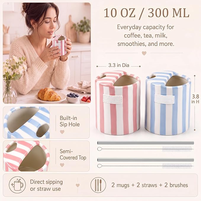 2 Pack Ceramic Mug with Sip Hole, Simple, Light Blue, Pink | 10oz Ceramic Coffee Cup with Straws, Retro Hand Painted Striped, for Iced Coffee Tea Latte Espresso, Kitchen Dining Travel