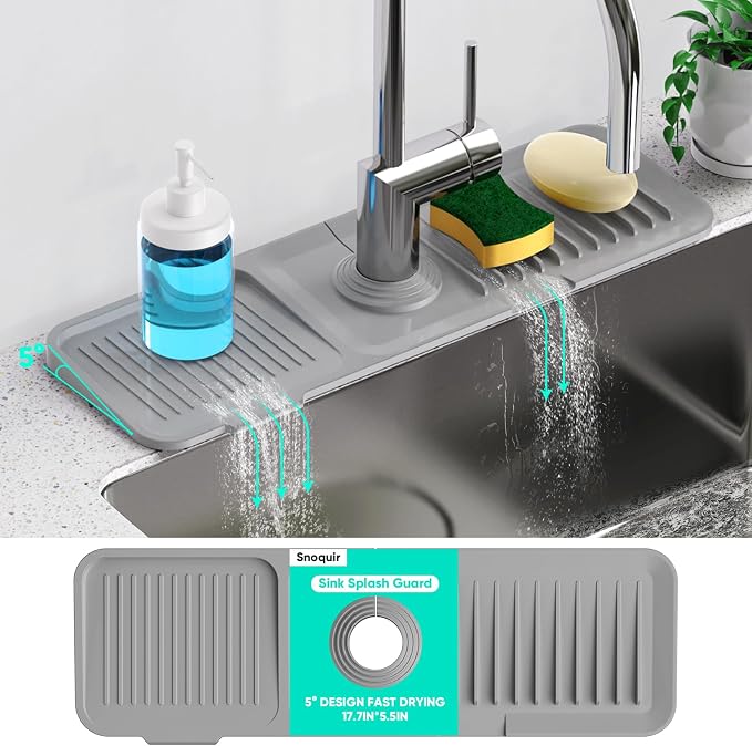17.7'' Faucet Mat for Kitchen Sink [5°Slope Fast Self-draining] Kitchen Sink Splash Guard Silicone Kitchen Sink Faucet Mat Splash Guard for Kitchen Sink Area Tidy Splash Faucet Guard Draining Mat