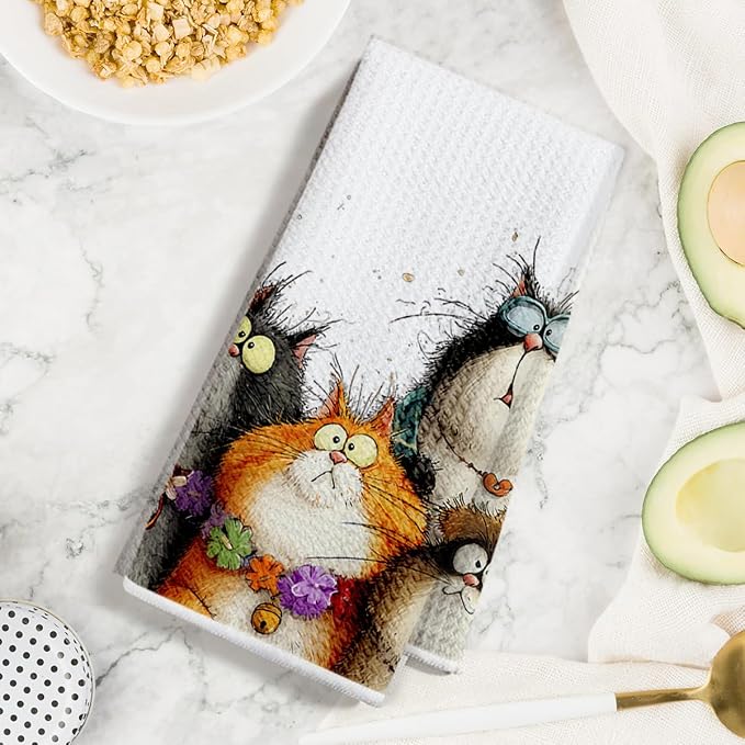 3 Pcs Cute Cat Kitchen Towels, Funny Cats Gifts Absorbent Hand Towels-01 | Cat Dish Cloths for Drying Dishes, Cats Waffle Dish Towels for Kitchen Home Bathroom Decor, Cat Lover Gifts for Women Mom