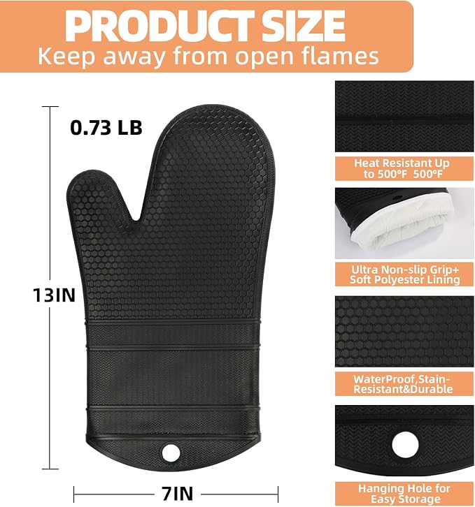 YUTAT Silicone Oven Mitts,Heat Resistant 500F Kitchen Mitts 2PCS,Perfect for BBQ, Baking and Cooking,Black