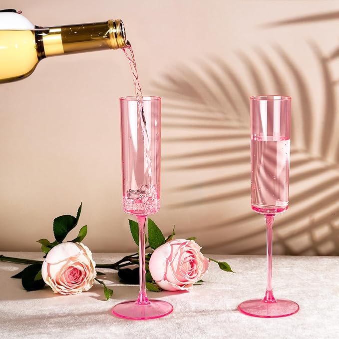 Ciaell 24 Pack Pink Plastic Champagne Flutes for Weddings Birthdays | 6 oz Pink Square Toasting Cups, Heavy Duty Plastic, Champagne Wine Mimosas Cocktails for Anniversaries Parties Baby Showers