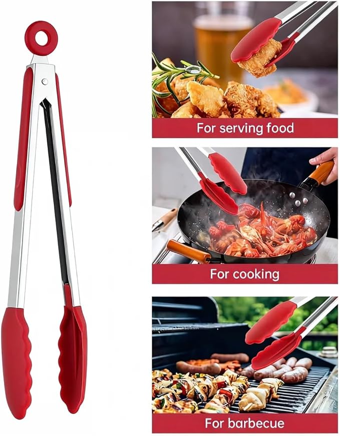 12 Inch Kitchen Tongs, Stainless Steel Cooking Tongs with Silicone Tips | For Cooking/Serving/Grilling | Heat-Resistant | Food-Grade Material | Dishwasher Safe | Red