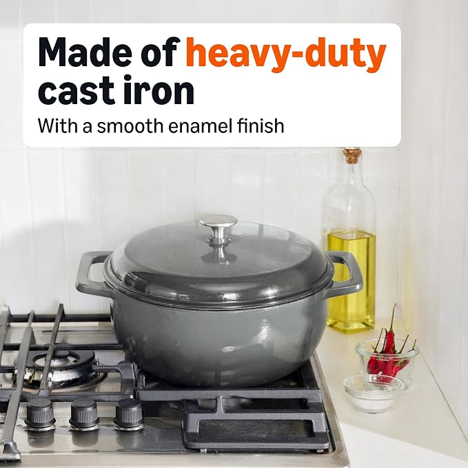 Amazon Basics Enameled Cast Iron Dutch Oven Pot with Lid, Round, Dual Handles, Heavy-Duty, Oven Safe for Stews, Roasting, Baking,6-Quart, Gray