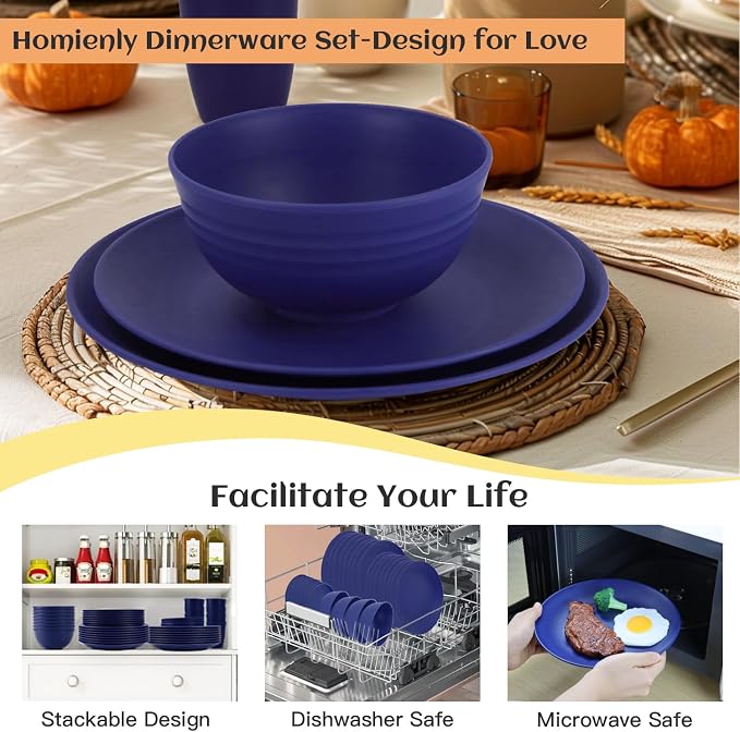 40 Pcs Wheat Straw Dinnerware Sets, Dinner Plates, Cups, Pasta Bowls, Dishes Set For 8, Microwave Safe Plates and Bowls Sets, Blue