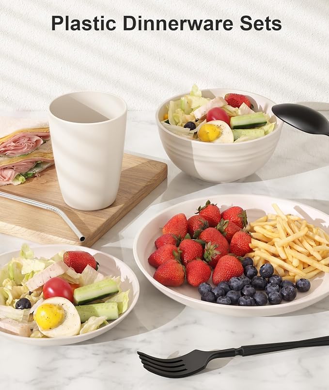 Quatish 64 Piece Plates and Bowls Sets for 8, Unbreakable Dinnerware Sets, Plastic Dish Set for Camping, Dishwasher Microwave Safe, Outdoor Kitchen and Apartment Dinning RV Essentials, Beige