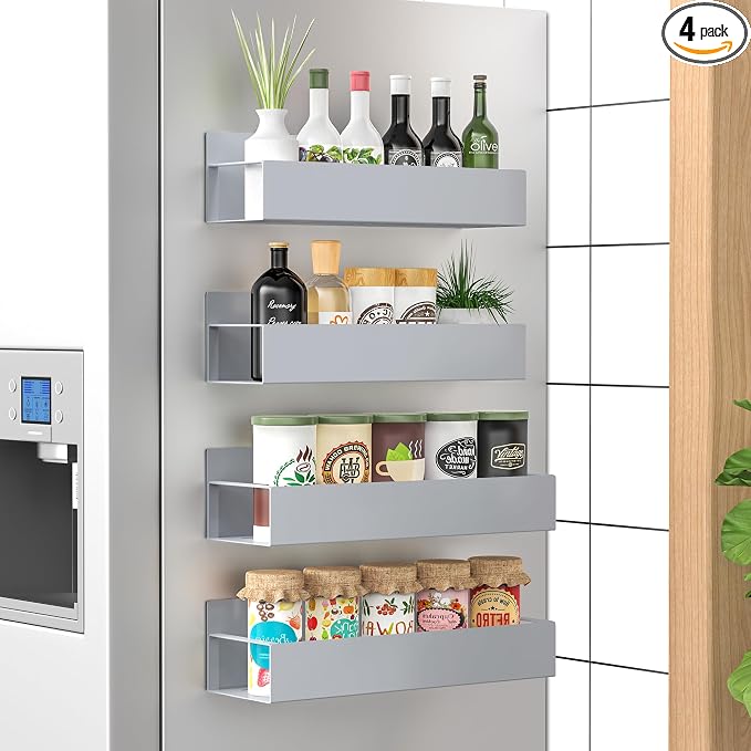 4 Pack Magnetic Spice Storage Rack Organizer for Refrigerator and Oven, Gray Fridge Organizers and Storage | Magnetic Shelves Heavy Duty for Fridge in Kitchen, Seasoning Storage Organizer, For Oven Washer and Dryer, For Heavier Items
