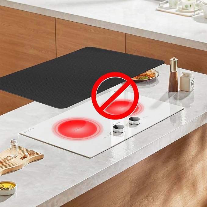 Stove Top Cover for Electric Stove - Food Grade Ceramic Stove top Cover, Silicone XXL Dish Drying Mat, Glass Cooktop Covers, Flat RV Range top Mats (Black Thickened,28x20)