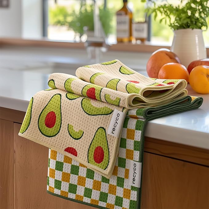RECYCO Waffle Kitchen Towel Set of 2 - Quick Dry Microfiber Sustainable Dish Towels - Ultra Absorbent Reusable Cleaning Tea Towels - Lightweight Hand Towels,16”x 28”, Avocado Vibes