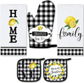 5 Pcs Buffalo Plaid Kitchen Towels Oven Mitts and Pot Holder Set,Lemon | Lemon Checkered Kitchen Decor, Black and White Kitchen Towels Oven Gloves, Lemon Farm House Accessories Decor, High Quality