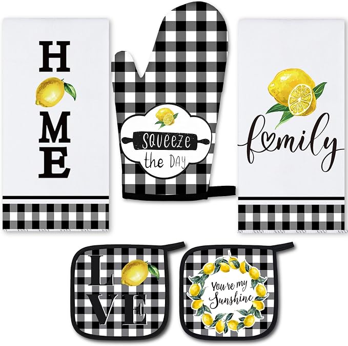 5 Pcs Buffalo Plaid Kitchen Towels Oven Mitts and Pot Holder Set,Lemon | Lemon Checkered Kitchen Decor, Black and White Kitchen Towels Oven Gloves, Lemon Farm House Accessories Decor, High Quality