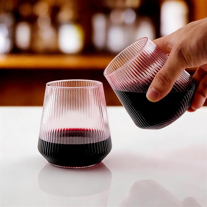BESTSTAR 36 Pcs 12 oz Plastic Pink Ribbed Wine Glasses,Origami Ripple Glass | Disposable Champagne Glasses Elegant Whiskey Glasses Ideal for Weddings, Bars, Christmas, Halloween, Pool Party, Daily Use