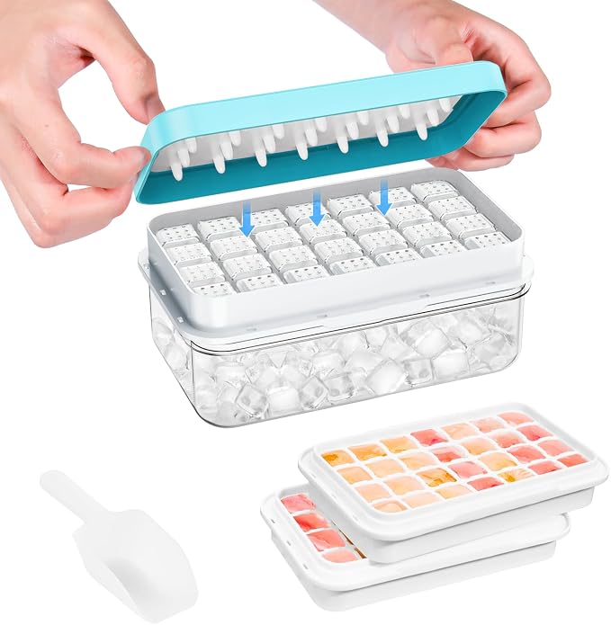Ice Cube Tray with Lid and Bin, Easy Release 56 Cubes for Freezer | Food-grade BPA-free PP and ABS. Ice cubes for fruit, cocktails, iced coffee. Space-saving stackable with scoop