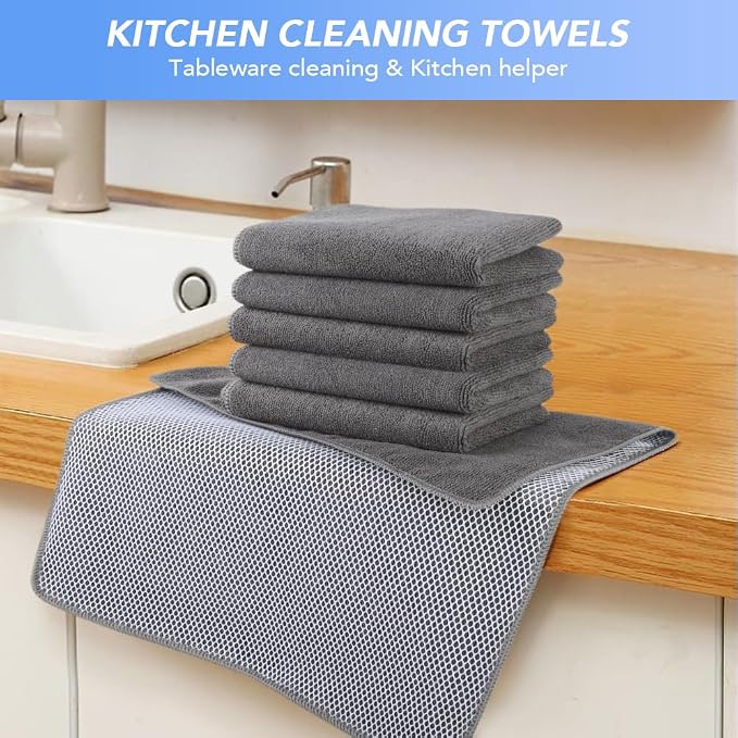 Dish Cloths for Washing Dishes with Scrub Side, Microfiber Dish Rags | Dual-sided microfiber dish cloths with scrubber for stuck-on food, quick dry kitchen washcloths 6 Pack, 15" x 25 Inch Gray