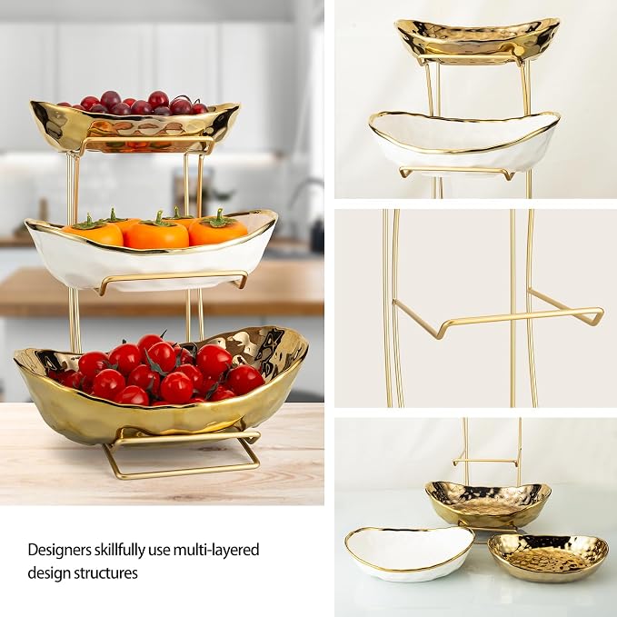 3-Tier Gold Fruit Bowl & Tray with Metal Stand - Ceramic White, Triple Layer for Snacks, Nuts, Bread & Candy Storage