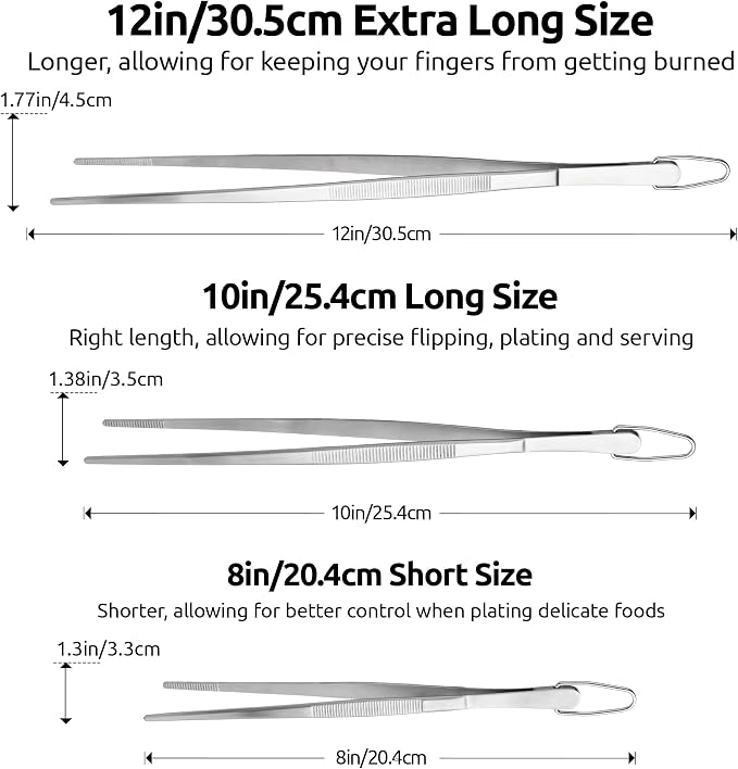 U-Taste Kitchen Cooking Tweezers 18/8 Stainless Steel, 8+10+12"/Pointed Tip | Food-Grade Metal Food Tongs Set, Seamless-Welding, Long Professional Chef Tweezer for Plating Serving Grilling Frying Feeding