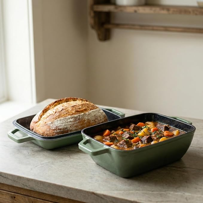 Flavehc Oval Cast Iron Dutch Oven for Bread Baking 12x8 Inch Enameled Bread Pan with Lid 6QT Cast Iron Bread Dutch Oven for Sourdough，Green