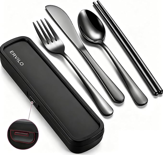 Travel Utensils with Case, Stainless Steel Portable Cutlery Set for Camping Picnic, Lunch Box Silverware for Work, Reinforced Case with Snap-Lock Closure, Include Fork Spoon Knife Chopsticks, Black