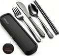 Travel Utensils with Case, Stainless Steel Portable Cutlery Set for Camping Picnic, Lunch Box Silverware for Work, Reinforced Case with Snap-Lock Closure, Include Fork Spoon Knife Chopsticks, Black