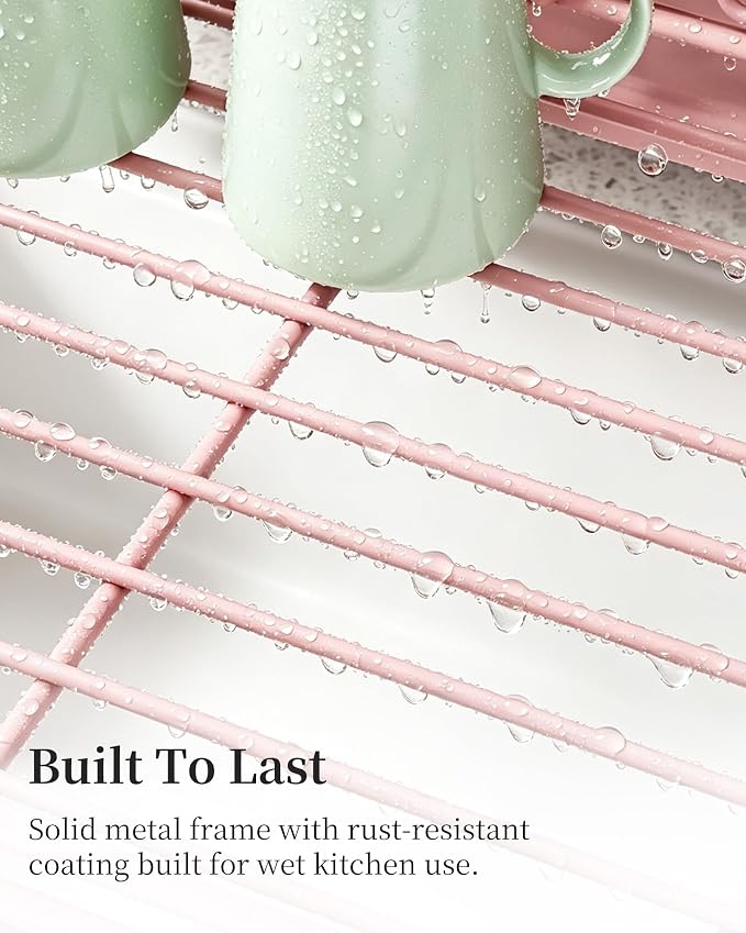 SAYZH Expandable Dish Drying Rack for Kitchen Counter, Metal, Pink | Foldable Over Sink, Large Capacity, Rust-Resistant, Adjustable for Most Sinks, Automatic Drainage, Removable Utensil Holder