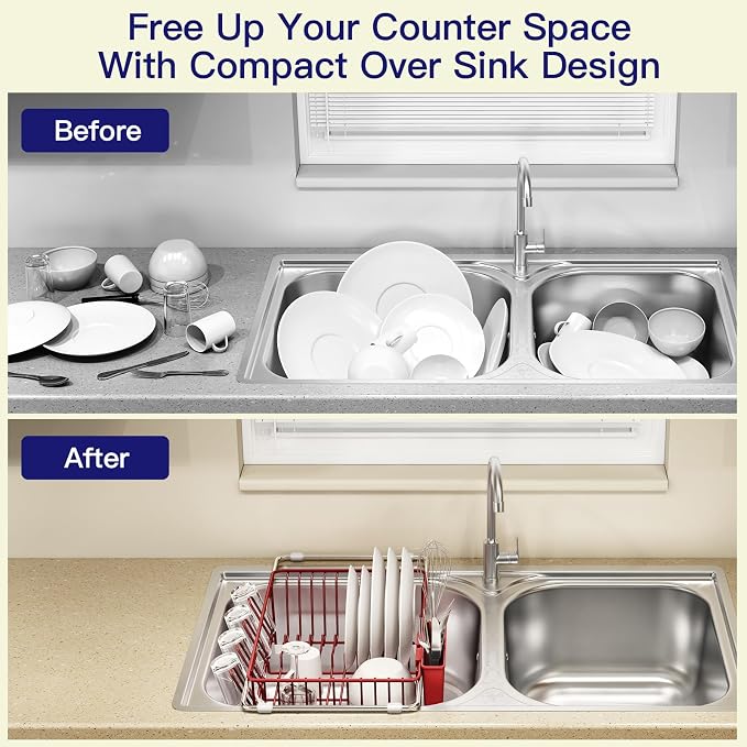 Red Dish Drying Rack Over Sink with Utensil Holder, Drainboard | Expandable Stainless Steel Dish Drainer for Small Kitchen, Apartment, RV, Counter Space Saving, Perfect Fit, Rustproof