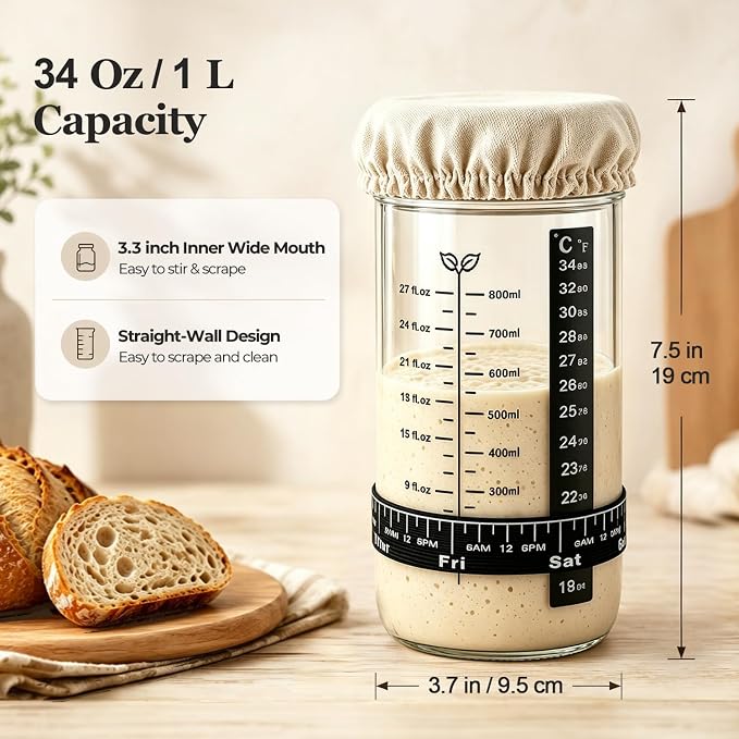 ComSaf Sourdough Starter Jars, 2 Pack Wide Mouth Mason Jars 34oz (1L) | BPA-Free Materials, Quart Size Glass Jars, Stainless Steel Lid, Gifts For Sourdough Bread Bakers And Enthusiasts