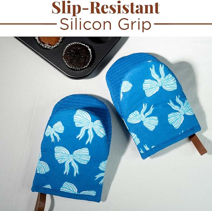 Folkulture Oven Mitts, Blue, Set of 2, Heat Resistant - (5.75"x9") | 100% Cotton, Non Slip, Heat Resistant, Silicone, Cute Mini Mits with Hanging Loop, Kitchen Décor, Cooking Gifts, Baking