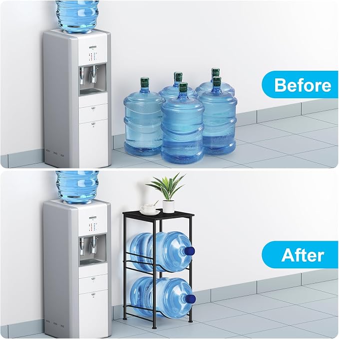 Water Bottle Holder Organizer 5 Gallon Water Jug Holder with Top Shelves 2 Tier Water Cooler Jug Storage Rack Heavy Duty Water Dispenser Stand for 5 Gallon Bottle Kitchen Office Living Room Black