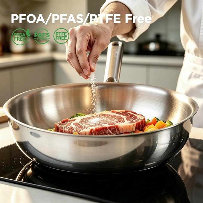 COOKER KING 11" Wok Pan with Lid, Stainless Steel Deep Skillet for Stir-Fry | Non-Toxic Uncoated Cookware, Flat Bottom, Oven Safe, Induction Ready, Stay-Cool Handle, 3-Ply Stainless Steel Clad