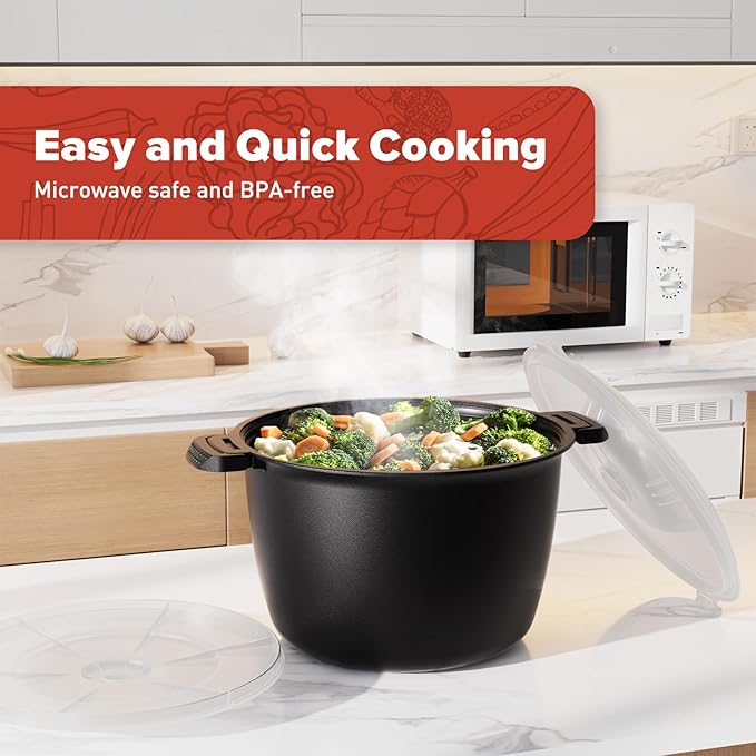 Large Microwave Cookware Steamer 3 Quart Rice Cooker for Cooking | Microwave Cooker with Food Container, Removable Filter and Lockab - BPA Free, Dishwasher Safe