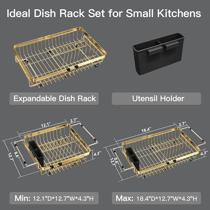 Gold Dish Drying Rack Over The Sink with Utensil Holder | Expandable Stainless Steel Dish Drainer for Small Kitchen, Apartment, RV, Counter Space Saving, Perfect Fit, Rustproof